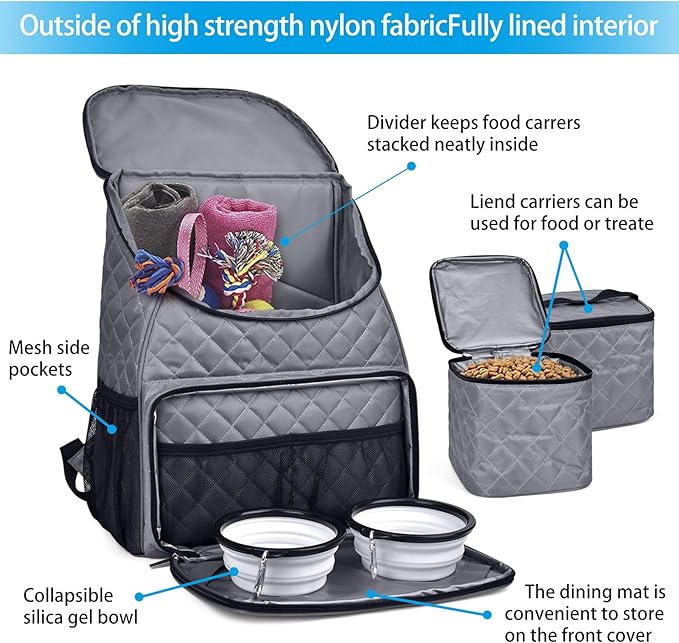 BAGLHER Dog Travel Bag,Airline Approved Pet Supplies Backpack, Dog Travel Backpack with 2 Silicone Collapsible Bowls and 2 Food Baskets.