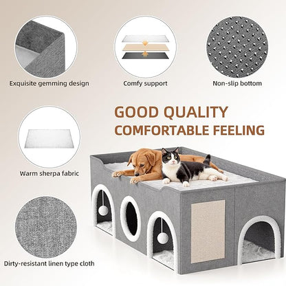 All-in-1 Extra-Wide Cat House for Indoor, Multi Cats Puppy Family, Large Cat Cave for Pet House with Fluffy Ball Hanging and Scratch Pad, Foldable Dog Hideaway, 35.4x19.6x13.3 inches, Grey