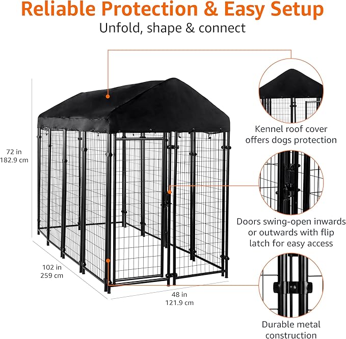 Amazon Basics - Welded Rectangular Outdoor Secure Wire Crate Kennel for Cat, Dog Large, Black, 102 x 48 x 72 inches