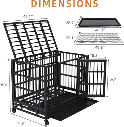 Shintenchi 48 inch Heavy Duty Crates for Large Dog, Indestructible and Escape-Proof Cage Kennel with Lockable Wheels, Double Door High Anxiety with Removable Tray, Black