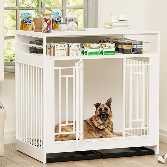 KEIKI Large Dog Crate End Table, Heavy Duty Dog Crate with Drawers, Decorative Indoor Furniture, 43.3" L x 29.5" W x 43.3" H, White