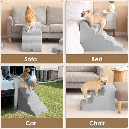EHEYCIGA Curved Dog Stairs Ramp for Small Dogs 15.7" H, 3-Step Dog Steps for Couch Sofa and Chair, Pet Stairs for Cats, Non-Slip Balanced Pet Steps Indoor, Light Grey