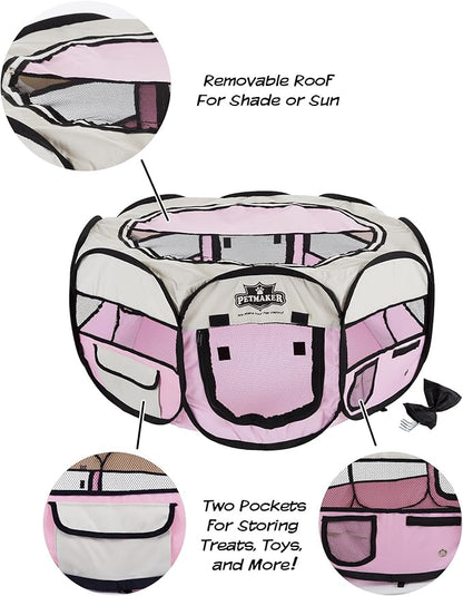 Portable Puppy Playpen - Small Pop-Up Play Yard for Pets Up to 25lbs with Mesh Windows, 2 Pockets, Zippered Roof, and Carry Bag by PETMAKER (Pink)