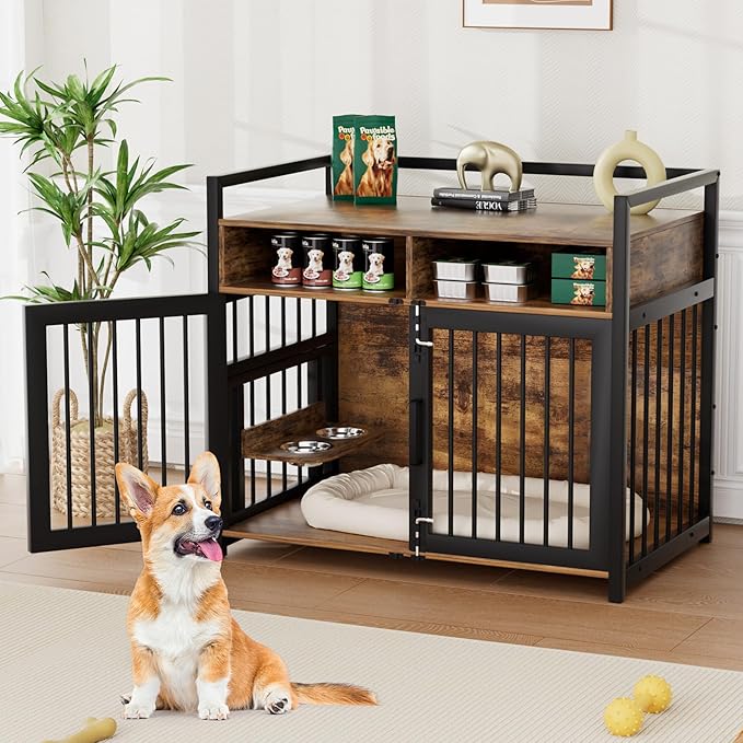 IDEALHOUSE Dog Crate Furniture, Large Dog Cage for Medium Dogs, 41 Inch Dog Kennel with Adjustable Raised Feeders, Indoor Heavy Duty Metal End Table Dog Crate with 2 Open Storage Shelves