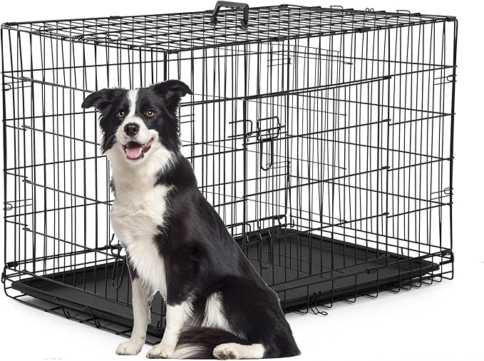 FDW Dog Crate for Large Dogs 42 Inch Folding Metal Wire Pet Cage Double Door W/Divider Panel Indoor Outdoor Kennel Leak-Proof Plastic Tray,Black