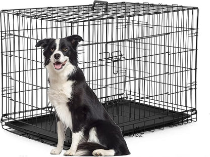 FDW Dog Crate for Large Dogs 42 Inch Folding Metal Wire Pet Cage Double Door W/Divider Panel Indoor Outdoor Kennel Leak-Proof Plastic Tray,Black