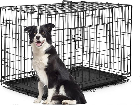 FDW Dog Crate for Large Dogs 42 Inch Folding Metal Wire Pet Cage Double Door W/Divider Panel Indoor Outdoor Kennel Leak-Proof Plastic Tray,Black
