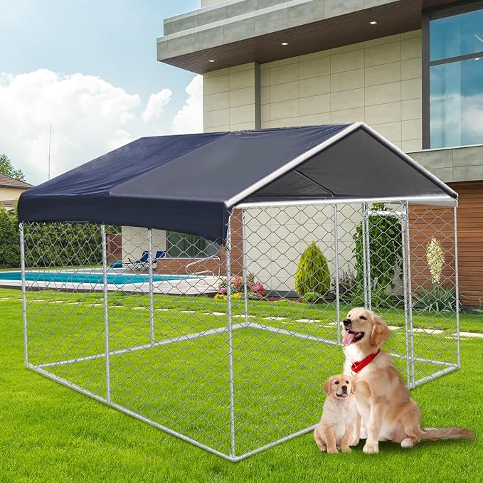 Large Dog Kennel 9.8X9.8FT, Large Outdoor Dog Kennel Heavy Duty Dog Cage with Waterproof UV-Resistant Cover Roof, Large Dog House Pen Enclosure, Silver