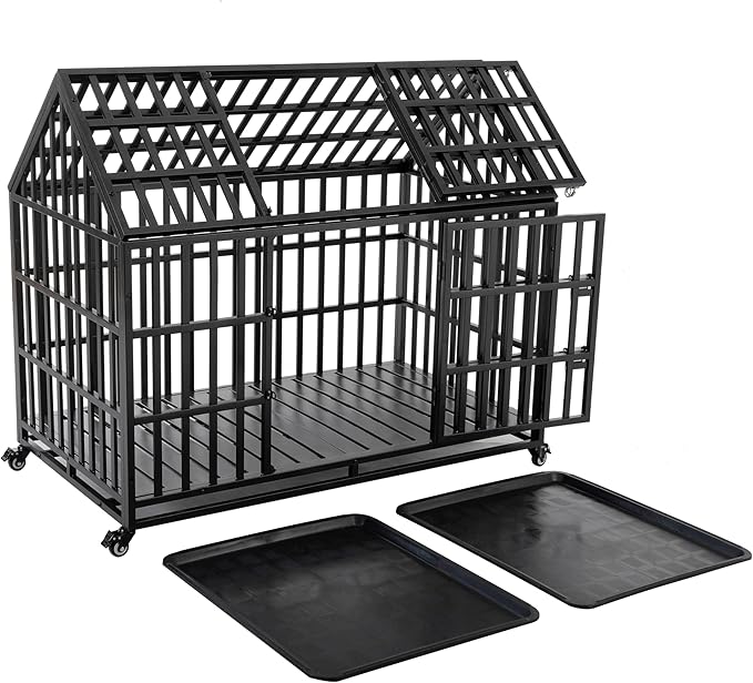 52" Metal Dog Cage with 4 Lockable Wheels, Heavy Duty Dog Kennel with Doors and Roof for Large Dogs, Black