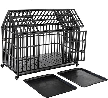 52" Metal Dog Cage with 4 Lockable Wheels, Heavy Duty Dog Kennel with Doors and Roof for Large Dogs, Black