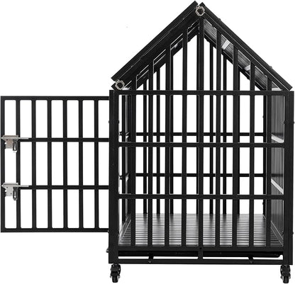 52" Heavy Duty Dog Crate,Metal Pet Cage Roof Strong Playpen with Sturdy Latches and Lockable Wheels,Large Kennel W/Removable Trays for Large Dogs,Black