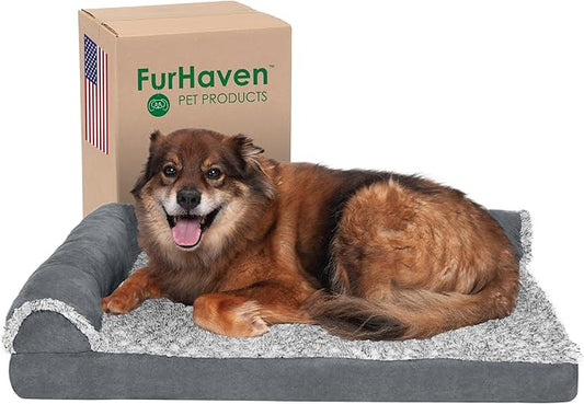 Furhaven Memory Foam Dog Bed for Large/Medium Dogs w/ Removable Bolsters & Washable Cover, For Dogs Up to 55 lbs - Two-Tone Plush Faux Fur & Suede L Shaped Chaise - Stone Gray, Large