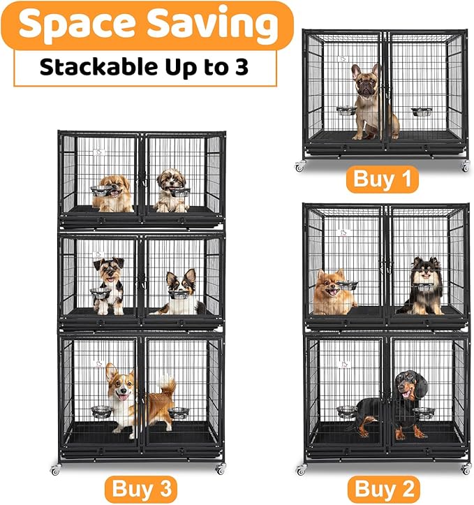 Homey Pet Stackable 43 inch Dog Crate Cage Kennel Indoor with Divider, 2X Steel Bowls, 4X Lockable Wheels, Tray, Heavy Duty Wire Dog Crates for Large/Medium/Small Dogs (Tall Model)
