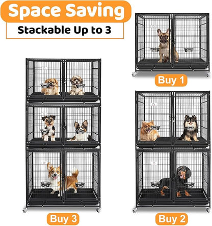 Homey Pet Stackable 43 inch Dog Crate Cage Kennel Indoor with Divider, 2X Steel Bowls, 4X Lockable Wheels, Tray, Heavy Duty Wire Dog Crates for Large/Medium/Small Dogs (Tall Model)