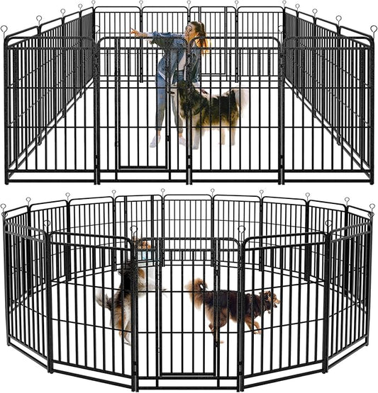 Dog Playpen Outdoor 16 Panels Heavy Duty Dog Fence 47" Height with Thick Pipe Anti-Rust with Doors Portable for RV Camping Yard, Total 36FT, 103 Sq.ft, Snowy Black