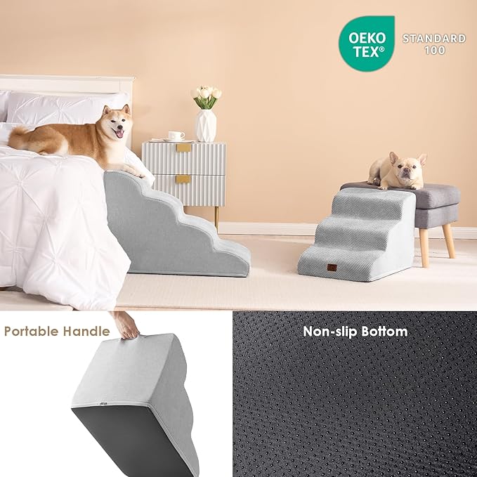 EHEYCIGA Curved Dog Stairs Ramp for Small Dogs 15.7" H, 3-Step Dog Steps for Couch Sofa and Chair, Pet Stairs for Cats, Non-Slip Balanced Pet Steps Indoor, Light Grey