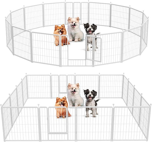 Simple Deluxe Dog Playpen, 24" Height 16 Panels Fence with Anti-Rust Coating, Metal Heavy Portable Foldable Dog Pen for Small/Medium Dogs RV Camping, White