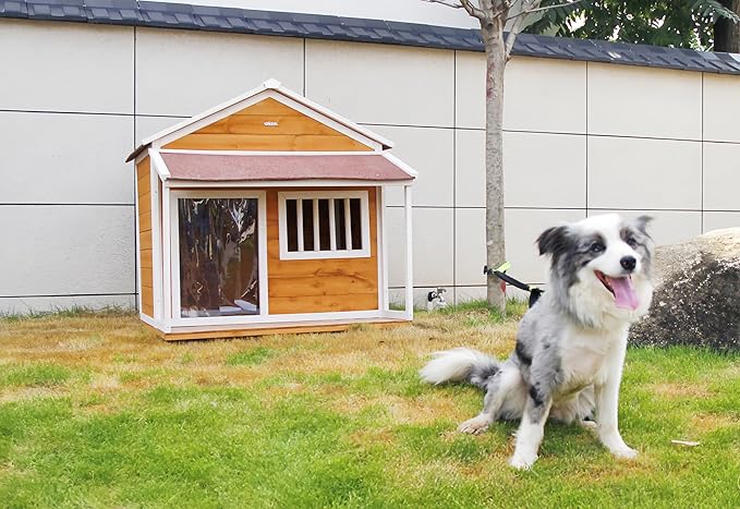 Indoor-Outdoor Wooden Dog House, Porch, Asphalt Roof, Plastic Door Curtain, Ventilation Windows, Brown, Weatherproof, Small to Medium Dog, Puppy Kennel