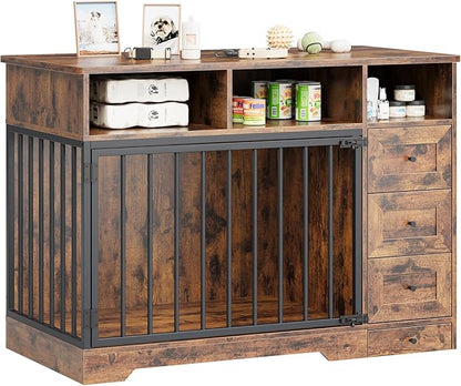 Dog Crate Furniture for Small Dogs, Wooden Dog Kennel Indoor with Storage Shelves, 3 Drawers & Hidden Bowl, Modern Pet Cage Side End Table, up to 120 lb, 48" L, Steel Lock, Retro Brown