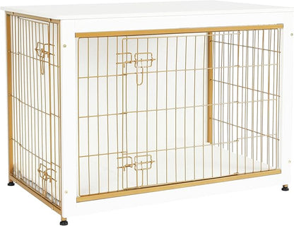 DWANTON Dog Crate Furniture with Cushion, Wooden Dog Crate Table, Double Doors Dog Furniture, Indoor Dog Kennel, Dog House, Dog Cage Large, 38.5" L, White