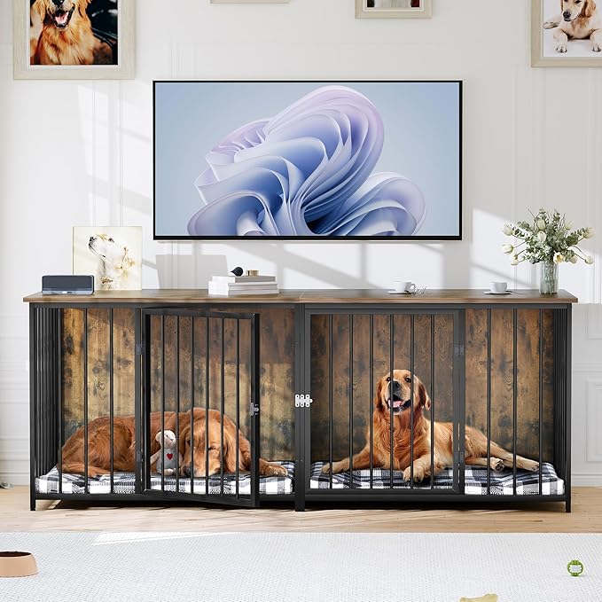 DWVO Double Dog Kennel Furniture, 80.2" Dog Cage Furniture with Divider, Double Dog Crate TV Stand for 2 Medium Dogs, Brown