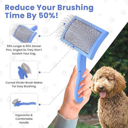 We Love Doodles Dog Slicker Brush for Grooming Pet Hair - Best Brushes For Poodle & Golden Doodle - Long Haired Brush For Dogs - Goldendoodle Long Pin Brush For Dematting (Medium Curved)