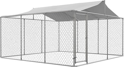 Outdoor Dog Kennel Dog Crate with Lockable Swing Gate,Water & UV Resistant Dog Enclosure Outdoor W/Pitched Roof,Heavy Duty Dog Pens Dog House Outside for Large Dogs,Gray(157"x 157")