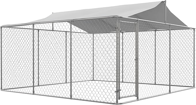 Large Outdoor Dog Cage with UV and Waterproof Cover,Metal Galvanized Rustproof Outdoor Puppy Fence,W/Security Door,Heavy Duty Kennel for Farm & Garden,Silver 13.1'Lx13.1'Wx5.8'H