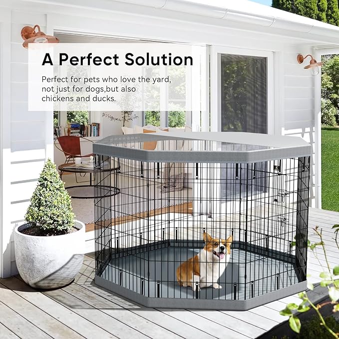 PJYuCien Puppy Playpen，8 Panels 42”H Dog Playpen with Gery Bottom Pad and Grey Top Cover，Metal Foldable Dog Exercise Pen for Indoor，Better for Small Pets