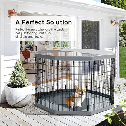PJYuCien Puppy Playpen，8 Panels 42”H Dog Playpen with Gery Bottom Pad and Grey Top Cover，Metal Foldable Dog Exercise Pen for Indoor，Better for Small Pets