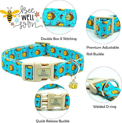 Lionheart glory Dog Collar, Bees Blue Dogs Collar Adjustable Soft Comfortable Collars for Medium Dogs Girl or Boy Pet Gift Cute Spring Summer Collar