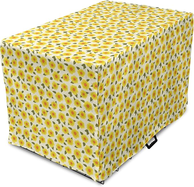 Lunarable Daffodil Dog Crate Cover, Retro Abstract Small Bedding Plants Flourishing Meadow Girls Design, Easy to Use Pet Kennel Cover for Medium Large Dogs, 48 Inch, Yellow Green Orange
