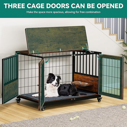 YITAHOME Dog Kennel Furniture with Feeder Bowls, 38.1" Dog Kennel End Table with Wheels and Flip Top, Furniture Style Dog Crate for Medium/Large Dogs, Brown