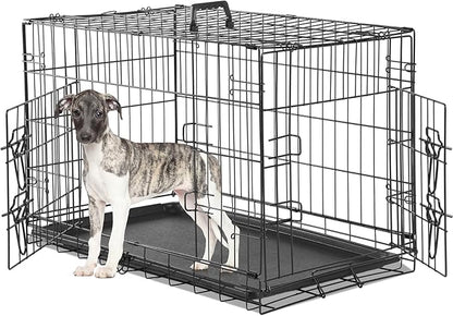 Dog Crates for Medium Dogs, Heavy Duty Dog Cage Indoor W/Divider Panel & Removable Tray, Metal Double Doors Dog Kennel for Indoor Outdoor Travel, Floor Protecting Feet, 30 in Black