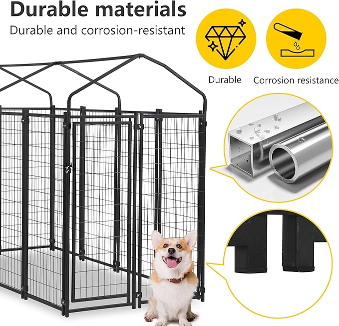 FDW 8 x 4 x 6 Ft Dog Kennel Outdoor Welded Wire Heavy Duty Playpen Dog Crate Cage with Waterproof Cover Roof and UV Resistant Pet Kennel Fence with Secure Lock, Black