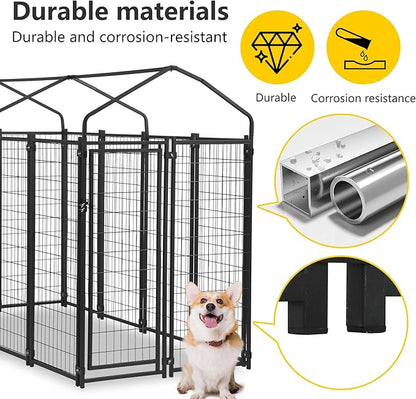 FDW 8 x 4 x 6 Ft Dog Kennel Outdoor Welded Wire Heavy Duty Playpen Dog Crate Cage with Waterproof Cover Roof and UV Resistant Pet Kennel Fence with Secure Lock, Black