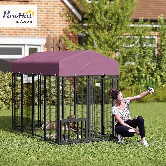 PawHut 7.9' x 4' x 6' Outdoor Dog Kennel, Welded Wire Heavy Duty Dog Run with 360° Rotating & 4 Level Adjustable Bowls, Dog Cage Outside with Waterproof & UV Resistant Cover, for S&M&L Dogs
