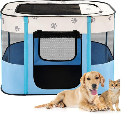 Avont Portable Dog Cat Playpen, Foldable Pop Up Pet Play Pen Travel Crate with Floor and Mesh Door Top for Indoor Outdoor Collapsible Tent Cage -M, Blue