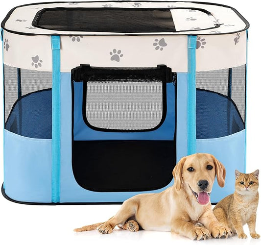 Avont Portable Dog Cat Playpen, Foldable Pop Up Pet Play Pen Travel Crate with Floor and Mesh Door Top for Indoor Outdoor Collapsible Tent Cage -M, Blue