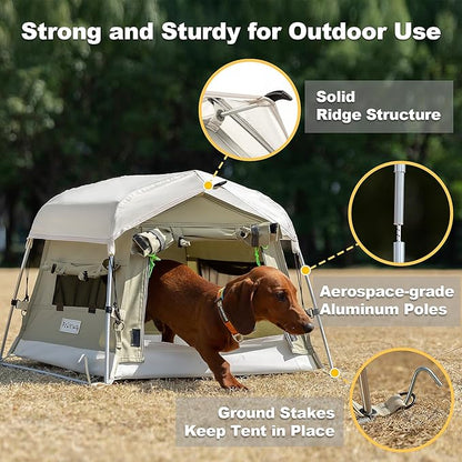 Dog Tent Cotton Fabric, Aluminum Poles and Camping Mat, Outdoor Weatherproof, Dog House Outdoor, Breathable with 2 Side Windows, Portable and Collapsible (Gray, Small)