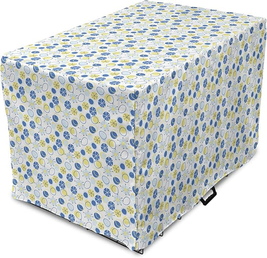 Lunarable Yellow and Blue Dog Crate Cover, Random Doodle Circles Abstract Floral Pattern, Easy to Use Pet Kennel Cover for Small Dogs Puppies Kittens, 18 Inch, Pale Yellow Pale Blue