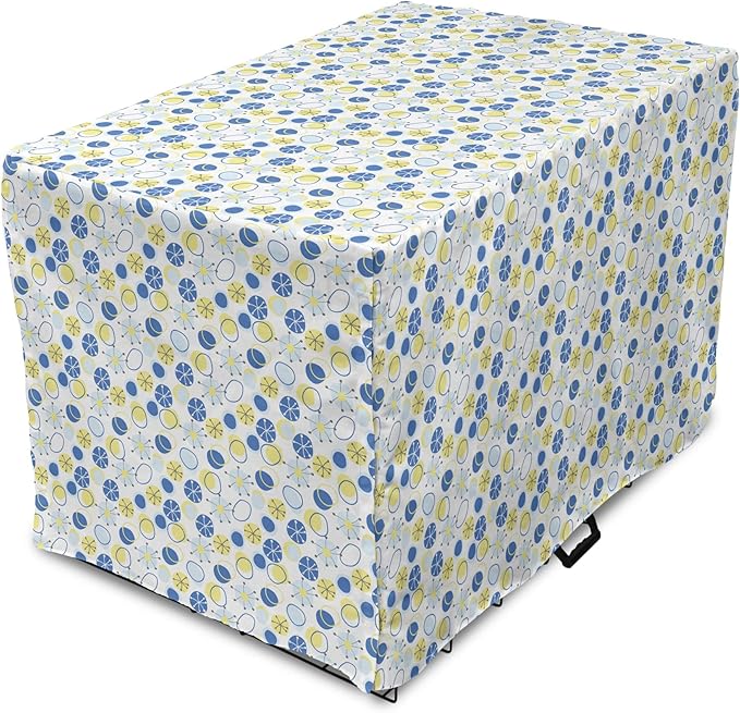 Lunarable Yellow and Blue Dog Crate Cover, Random Doodle Circles Abstract Floral Pattern, Easy to Use Pet Kennel Cover for Cats & Medium Dogs, 30 Inch, Pale Yellow Pale Blue