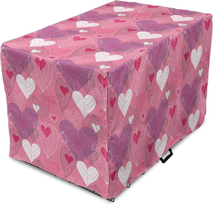 Lunarable Love Dog Crate Cover, Natural Theme Abstract Hearts Pattern Leaves Romantic Nature Art, Easy to Use Pet Kennel Cover for Cats & Medium Dogs, 24 Inch, Pink Purple