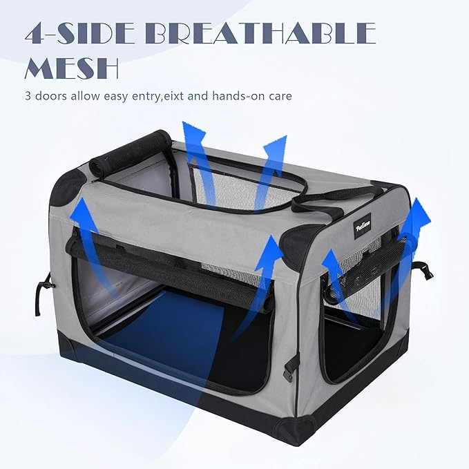 Collapsible Dog Crates for Medium/Large Dogs, 3-Door Soft-Sided Pet Crate with Durable Mesh Windows, Portable Foldable Travel Kennel for Indoor, Outdoor & Car Use