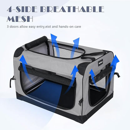 Collapsible Dog Crates for Medium/Large Dogs, 3-Door Soft-Sided Pet Crate with Durable Mesh Windows, Portable Foldable Travel Kennel for Indoor, Outdoor & Car Use