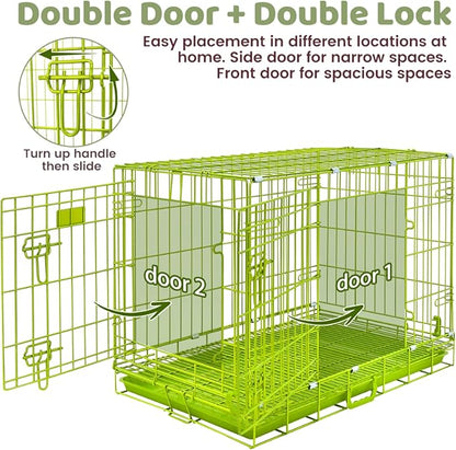 Homey Pet Dog Crates for Medium Dogs, Collapsible Small Dog Cage, Nano-Coated Metal Wire Puppy Kennel Indoor with Removable Floor Grid Tray, Double Doors Dual Locks, GOLD24+GREEN30 Bundle