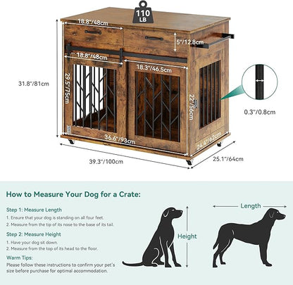 YITAHOME Dog Kennel Furniture for 2 Dogs, 39 inch Double Dog Crate with Storage Drawers, Indoor Wooden Dog House Heavy Duty for 2 Small Medium Dogs, Brown