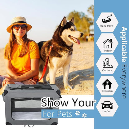 FDW 42 Inch Soft Collapsible Dog Crate 3-Door Open Dog Kennel with Mesh Window Portable Travel Pet Crate Indoor & Outdoor Pet Home, Grey