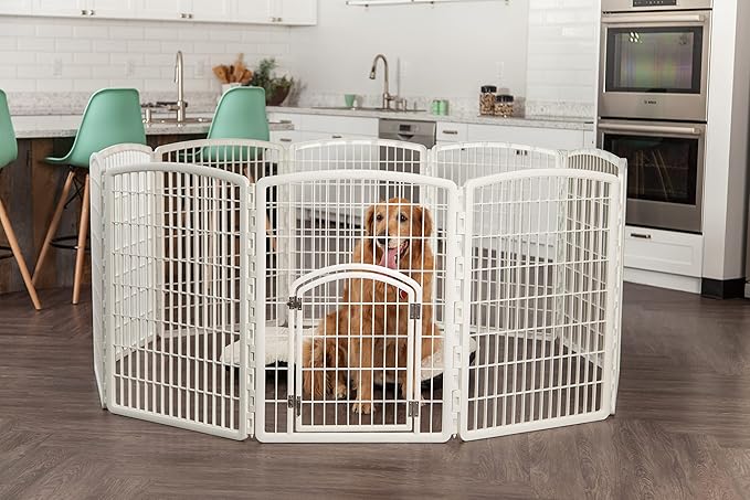 IRIS USA Dog Playpen, 8-Panel 34" Pet Playpen with Door, Puppy Playpen, Indoor/Outdoor Dog Pen, 63 x 63 x 34, Foldable, Customizable, White
