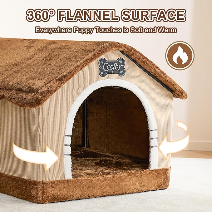 Jiupety Indoor Dog House with Frame, Large Dog Cave Bed, Insulated Cozy, Suitable for 50-90 lb, Jumbo (38"×30"×28"), Brown